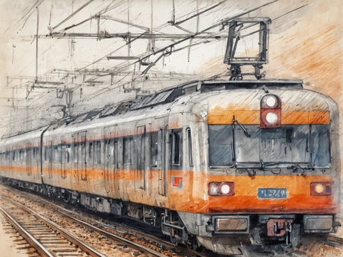 Ein Zug fährt auf einer Gleisanlage, umgeben von elektrischen Oberleitungen. Der Zug hat eine orange-weiße Farbgebung und ist in einem stilisierten, gemalten Erscheinungsbild dargestellt. Die Gleise sind sichtbar und führen in den Hintergrund, der mit grauen und blassen Farben gefüllt ist, was auf eine bewegte Szene hindeutet.