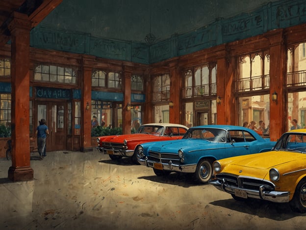 Auf dem Bild ist eine zentrale Lage zu sehen, die von einem Restaurant und mehreren klassischen Autos geprägt ist. Die Architektur vermittelt ein lebhaftes gesellschaftliches Leben, mit Menschen, die sich unterhalten und entspannen. Die bunten Autos verleihen der Szene einen nostalgischen Charakter, der die Atmosphäre eines geschäftigen Treffpunkts in einer Stadt widerspiegelt. Die Kombination aus den historischen Elementen und der sozialen Interaktion weist auf eine lebendige Gemeinschaft hin, die in einer historischen Umgebung miteinander verbunden ist.