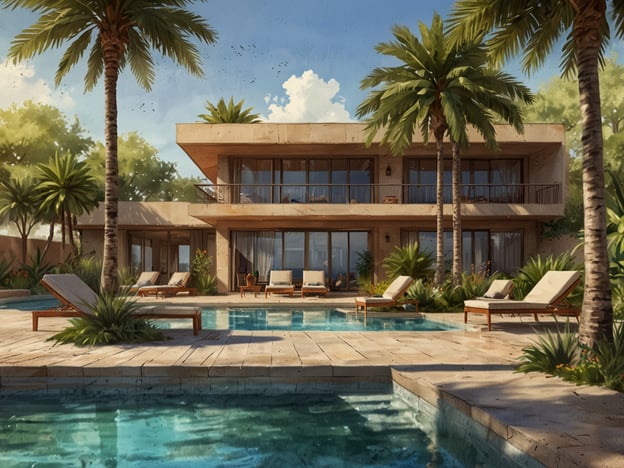 Auf dem Bild ist eine zentrale Oase der Entspannung zu sehen. Es zeigt ein modernes Gebäude, umgeben von tropischen Pflanzen und Palmen. Vor dem Haus befinden sich zwei Schwimmbecken mit Liegen, die zum Entspannen einladen. Die harmonische Gestaltung schafft eine einladende und ruhige Atmosphäre.