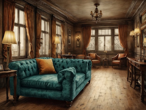 Auf dem Bild ist ein elegantes Wohnzimmer zu sehen, das Komfort und Luxus ausstrahlt. Der türkisfarbene Chaiselongue bietet einen komfortablen Platz zum Entspannen, während die warmen, goldenen Vorhänge und die hochwertigen Lampen eine luxuriöse Atmosphäre schaffen. Die stilvollen Sessel und der Holztisch vervollständigen das Bild eines Raumes, der sowohl Gemütlichkeit als auch Eleganz bietet. Die Fenster lassen viel Tageslicht hinein, was den Raum einladend und charmant erscheinen lässt, sodass jeder Aufenthalt in diesem Zimmer ein Gefühl von Luxus und Behaglichkeit vermittelt.