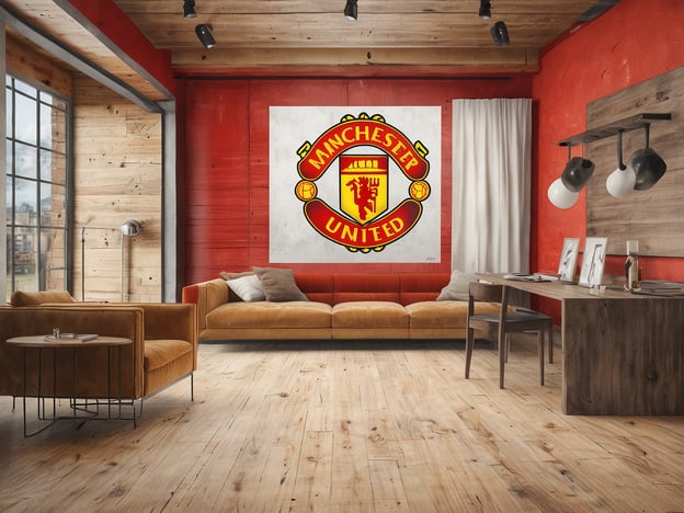 Ein modernes Wohnzimmer mit einem roten Wandakzent und Holzwänden. An der Wand hängt das Logo von Manchester United. Das Zimmer ist mit einem bequemen, beige-farbenen Sofa, einem runden Couchtisch und einem Holzschreibtisch ausgestattet. Große Fenster lassen viel Tageslicht herein und bieten einen Blick auf die Außenlandschaft.