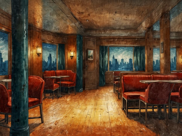 Auf dem Bild ist ein stilvolles Café oder eine Lounge zu sehen, das über große Fenster mit Blick auf eine Stadtlandschaft verfügt. Die Einrichtung besteht aus roten, gepolsterten Stühlen und Holztischen, und der Boden ist aus Holz. Die Wände sind warm und holzverkleidet, und es gibt sanfte Beleuchtung durch Wandlampen. Das Wetter scheint bewölkt oder regnerisch zu sein, was eine gemütliche Atmosphäre schafft.Für einen perfekten Aufenthalt in einem solchen Ambiente könnten zahlreiche Services in Betracht gezogen werden, wie:1. **Bequeme Sitzmöglichkeiten**: Sofas und Stühle, die zum Verweilen einladen.2. **Auswahl an Getränken**: Von Kaffee bis Cocktails.3. **Köstlichkeiten**: Eine vielfältige Speisekarte mit Snacks oder kleinen Gerichte.4. **Ruhige Musik**: Für eine entspannende Hintergrundatmosphäre.5. **freundlicher Service**: Aufmerksames Personal, das die Gäste bedient.6. **Kostenfreies WLAN**: Für Geschäftsreisende oder für Gäste, die surfen möchten.7. **Brettspiele oder Bücher**: Um den Aufenthalt noch angenehmer zu gestalten.Diese Annehmlichkeiten könnten den Aufenthalt in diesem gemütlichen Raum zusätzlich bereichern.
