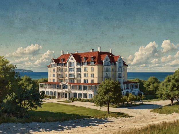 Auf dem Bild ist Das Dorint Seehotel im Herzen von Binz zu sehen. Das Hotel ist von einer malerischen Landschaft umgeben, mit Blick auf das Wasser und einer schönen Architektur. Die Dachgestaltung und die stilvollen Fassaden verleihen dem Gebäude einen eleganten Charme.