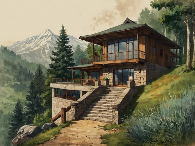Auf dem Bild ist ein wunderschönes, ruhiges Haus in einer naturnahen Umgebung zu sehen. Es ist aus Holz und Stein gebaut und hat große Fenster, die einen Blick auf die majestätischen Berge im Hintergrund bieten. Umgeben von grünen Bäumen und sanften Hügeln strahlt der Ort ein Gefühl von Frieden und Entspannung aus. Die Terrassen laden dazu ein, die frische Luft und die beeindruckende Landschaft zu genießen. Es ist der perfekte Rückzugsort, um Körper und Geist zu regenerieren. Diese harmonische Verbindung von Architektur und Natur fördert eine tiefere Wellness-Erfahrung.