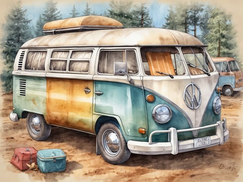 Ein farbenfrohes Wohnmobil der Marke Volkswagen steht auf einem unbefestigten Platz umgeben von Bäumen. Das Fahrzeug hat eine grün-orange Farbgestaltung und einen Gepäckträger auf dem Dach. Vor dem Wohnmobil liegen ein rotes und ein blaues Gepäckstück auf dem Boden. Im Hintergrund sind weitere Fahrzeuge und ein leicht bewölkter Himmel zu sehen, was eine entspannte Campingatmosphäre vermittelt.