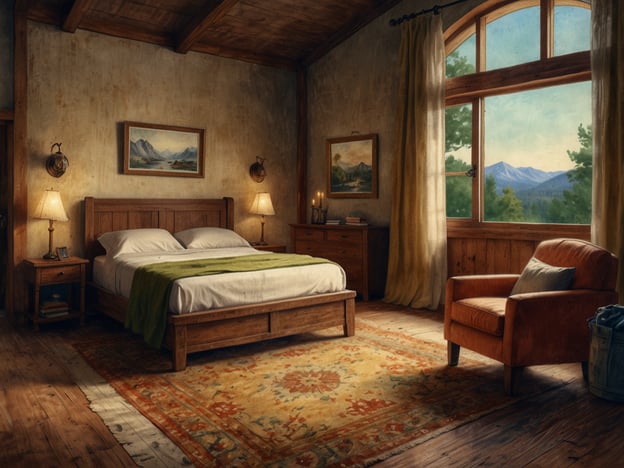 Auf dem Bild ist ein gemütliches Schlafzimmer zu sehen. Es verfügt über ein großes Bett mit frischer Bettwäsche und einer warmen Decke. Neben dem Bett stehen Nachttische mit Lampen, die eine einladende Atmosphäre schaffen. Man kann einen bequemen Sessel in einem sanften Orange erkennen, der zum Entspannen einlädt. Das Zimmer hat große Fenster, durch die viel Tageslicht einströmt und einen Blick auf die Berge und die Natur bietet. Die rustikale Holzdecke und der Boden verleihen dem Raum eine gemütliche und komfortable Ausstrahlung, perfekt für einen erholsamen Aufenthalt.