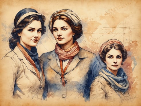 Drei Frauen sind in einem künstlerischen Aquarell dargestellt, das den Pioniergeist und die Entschlossenheit von Frauen im Reisetourismus symbolisiert. Sie tragen elegante, historische Kleidungsstile, ergänzt durch Schals, die ihre Individualität unterstreichen. Die Gesichtszüge sind freundlich und selbstbewusst, während der sanfte Hintergrund in Erdtönen eine nostalgische Stimmung vermittelt. Diese Darstellung steht für den Mut und die Inspiration, die Frauen beim Reisen weltweit zeigen, und bricht mit gängigen Barrieren.