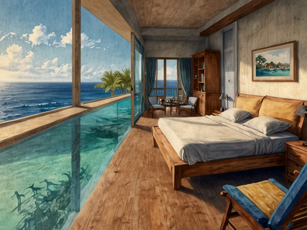 Auf dem Bild ist eine gemütliche Hotelzimmer-Szene mit einem atemberaubenden Blick auf das Meer zu sehen. Das Zimmer ist hell und einladend, ausgestattet mit einem großen Bett, Holzmöbeln und einem kleinen Tisch mit Stühlen. Große Fenster erleichtern den Blick auf die ruhigen Wellen des Ozeans, während Palmen im Hintergrund für ein tropisches Ambiente sorgen. Diese Art von Unterkunft eignet sich perfekt für Erholungssuchende, die eine entspannende Auszeit am Meer suchen.