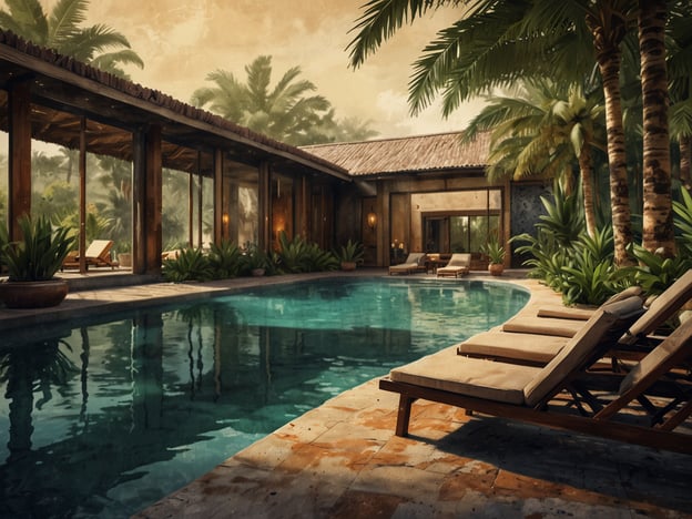 Auf dem Bild ist eine einladende Poollandschaft in einem luxuriösen Wellnessbereich zu sehen. Umgeben von üppigem Grün und Palmen strahlt der Ort Ruhe und Entspannung aus.Es gibt mehrere Liegen, die zum Relaxen einladen, ideal für Sonnenbäder oder einfaches Entspannen am Wasser. Die große, klare Wasseroberfläche des Pools wirkt erfrischend und lädt zu einem erfrischenden Bad ein.Die Architektur des Gebäudes kombiniert natürlichen und eleganten Stil, was eine harmonische Atmosphäre schafft, die perfekt für Freizeitaktivitäten und Wellness-Angebote ist. Hier kann man sich wirklich zurückziehen und den Alltagsstress hinter sich lassen.