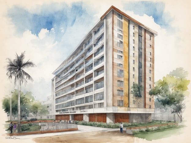 Eine künstlerische Darstellung eines modernen, mehrstöckigen Gebäudes mit einer eleganten Fassade. Der Entwurf zeigt große Fenster und ein ansprechendes Design mit einer Kombination aus hellen und dunklen Farbtönen. Vor dem Gebäude sind Personen zu sehen, die sich im Freien bewegen, sowie einige Bäume und Grünflächen, die eine angenehme Umgebung schaffen. Der Himmel ist teilweise bewölkt, was der Szene eine ruhige Atmosphäre verleiht.