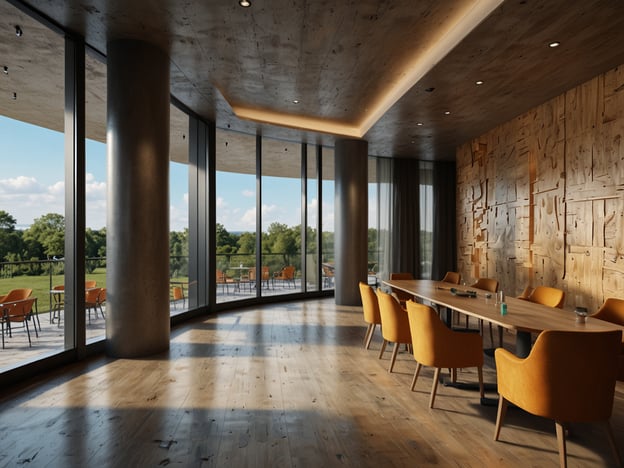 Auf dem Bild ist ein moderner Konferenzraum zu sehen, der ideal für Geschäftsreisende ist. Der Raum zeichnet sich durch große Fenster aus, die viel Tageslicht hereinlassen und einen schönen Blick auf das Grün draußen bieten. Die Holzböden und die warmen Farbtöne der Möbel schaffen eine einladende Atmosphäre.Für Familien wäre dieser Raum auch geeignet, da die offene Gestaltung und die Möglichkeit, im Freien zu sitzen, eine angenehme Umgebung für gemeinsame Aktivitäten bieten. Die Kombination aus Funktionalität und ansprechendem Design macht diesen Raum sowohl für geschäftliche Besprechungen als auch für entspannte Familienzusammenkünfte attraktiv.