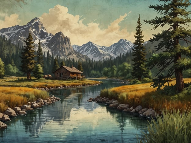 Auf dem Bild ist eine idyllische Landschaft zu sehen, die sich perfekt für Erholung und Aktivität anbietet. Im Vordergrund fließt ein klarer Fluss, umgeben von saftigen Wiesen und Steinen. Eine rustikale Holzhütte steht am Ufer, eingerahmt von hohen Bäumen und beeindruckenden Bergen im Hintergrund. Diese malerische Kulisse lädt dazu ein, Spaziergänge zu machen, zu angeln oder einfach die Natur zu genießen. Ideal für entspannende Momente und aktive Abenteuer in der freien Natur!