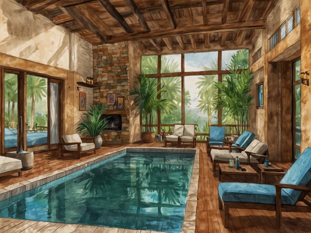 Auf dem Bild ist ein stilvolles Wellness- und Spa-Ambiente zu sehen, das zur Entspannung einlädt. Der Raum ist hell und luftig, mit großen Fenstern, die einen Blick auf tropische Pflanzen bieten. In der Mitte befindet sich ein einladender Pool, umgeben von bequemen Sitzgelegenheiten. Die natürliche Holzgestaltung und die Pflanzen schaffen eine ruhige, entspannende Atmosphäre – perfekt für eine Auszeit und Regeneration. Entspannung pur in diesem idyllischen Rückzugsort!