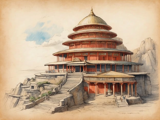 Auf dem Bild ist eine beeindruckende, mehrstöckige Pagode zu sehen, die in traditionellen asiatischen Baustilen gehalten ist. Diese Art von Architektur ist häufig in ostasiatischen Kulturen anzutreffen und symbolisiert oft eine Verbindung zur Spiritualität und Natur. Pagoden wurden traditionell als Tempel oder Stätten für religiöse Praktiken genutzt, wobei sie oft buddhistische oder daoistische Elemente repräsentieren.Die Verwendung von rot und gold in der Farbgestaltung ist charakteristisch für viele asiatische Kulturen und steht oft für Glück und Wohlstand. Die Treppen und die umliegenden Felsen deuten darauf hin, dass der Ort eine besondere Bedeutung hat, möglicherweise als Heiligtum oder Rückzugsort.Kulturell stehen solche Gebäude in Verbindung mit dem Streben nach Erleuchtung und der Verehrung der Natur, was tief in den Traditionen vieler asiatischer Länder verwurzelt ist. Solche Stätten ziehen Pilger und Touristen an, die die spirituelle Atmosphäre und die architektonische Schönheit erleben möchten.