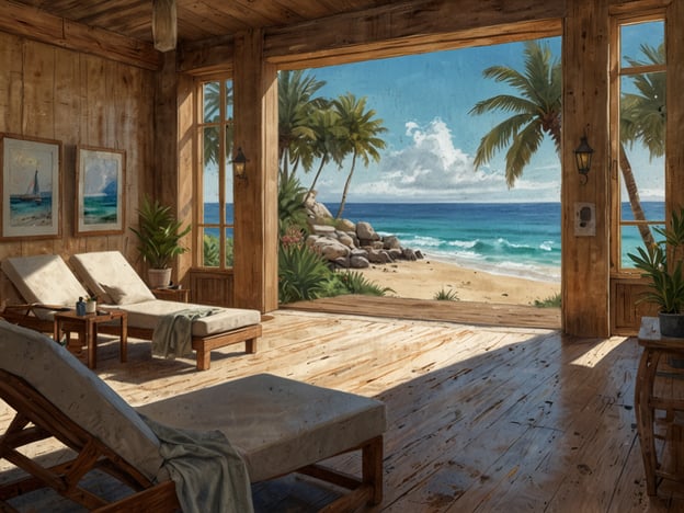 Auf dem Bild ist ein ruhiger Raum mit Holzboden und großen Fenstern zu sehen, die einen Blick auf einen Strand mit Meer und Palmen bieten. Zwei Liegen stehen im Raum, und es gibt einige Pflanzen sowie Bilder an den Wänden. Diese Szenerie lädt zum Entspannen ein, ganz im Sinne eines Aufenthalts im Dorint Strandresort & Spa.