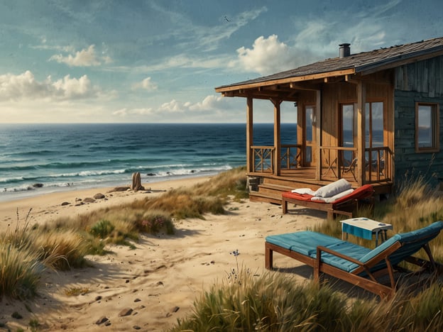 Auf dem Bild ist eine gemütliche Strandhütte an der Ostsee zu sehen, umgeben von feinem Sand und sanften Dünen. Vor der Hütte stehen zwei Liegen, eine rote und eine türkisfarbene, die zum Entspannen einladen. Im Hintergrund erstreckt sich das ruhige Meer mit sanften Wellen und einem strahlend blauen Himmel, der mit einigen Wolken geschmückt ist. Diese Szenerie könnte perfekt in eine Wellness-Oase direkt an der Ostsee passen, wo man die Natur genießen und zur Ruhe kommen kann.
