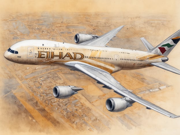 Ein Flugzeug der Etihad Airways schwebt majestätisch in der Luft, die goldene Lackierung des Rumpfes reflektiert das Licht. Die Tragflächen sind elegant ausgefahren, während die Triebwerke für einen kraftvollen Eindruck sorgen. Im Hintergrund sind verschwommene städtische Landschaften zu erkennen, die auf die Höhe des Flugzeugs hinweisen. Das Bild strahlt Dynamik und Fortschritt aus und symbolisiert das starke Wachstum der Airline.