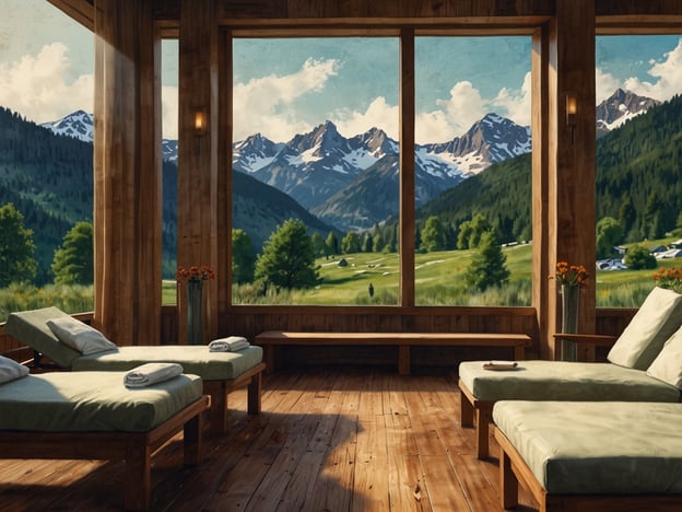 Auf dem Bild ist ein entspannender Raum mit Liegen zu sehen, der große Fenster mit Blick auf eine wunderschöne Berglandschaft bietet. Die Kombination aus natürlichem Licht und dem Blick auf die Natur schafft eine beruhigende Atmosphäre, die ideal für Erholung ist. Ein Aufenthalt im Dorint Hotel Bonn Venusberg könnte eine ähnliche entspannende Erfahrung bieten, wo man die Ruhe der Natur genießen und sich optimal erholen kann.
