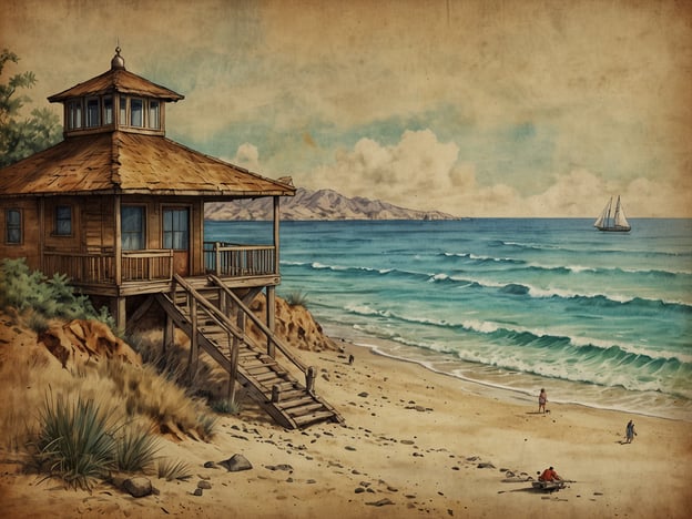 Auf dem Bild ist eine malerische Küstenlandschaft mit einem Holzhaus zu sehen, das auf Stelzen direkt am Strand steht. Die Umgebung lädt zu verschiedenen Aktivitäten ein.Man könnte am Strand spazieren gehen, die Wellen beobachten oder im Wasser schwimmen. Es gibt auch Anzeichen dafür, dass einige Personen eine kleine Bootstour unternehmen oder angeln könnten. In der Ferne segelt ein Schiff, was darauf hinweist, dass die Gegend zum Segeln und Wassersport einlädt. Zudem wäre es möglich, am Strand zu picknicken oder einfach die Sonne zu genießen. Die hügelige Landschaft im Hintergrund bietet darüber hinaus Möglichkeiten zum Wandern oder Erforschen der Natur.
