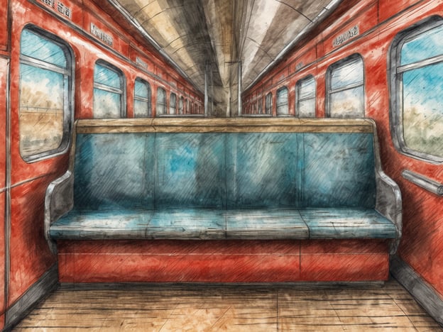 Das Bild zeigt das Innere einer U-Bahn mit längsseitigen Sitzbänken in einer Kombination aus Blau und Holz. Die Wände und Fensterrahmen sind in einem kräftigen Rot gehalten, und durch die Fenster sind unscharfe Ausblicke auf die Außenwelt sichtbar. Der Boden scheint aus Holz zu sein, was dem Raum eine rustikale Note verleiht. Die Atmosphäre wirkt ruhig und auffallend leer, was eine gewisse Einsamkeit vermittelt.