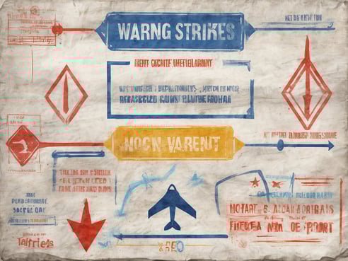 Auf dem Bild sind mehrere grafische Elemente und Textausschnitte in verschiedenen Farben zu sehen. In Blautönen steht der Schriftzug "WARNG STRIKES". Verschiedene Symbole und Pfeile sind in Rot, Blau und Gelb angeordnet, darunter ein Flugzeugsymbol. Der Hintergrund wirkt strukturiert und hat eine papierartige Anmutung. Die Anordnung der Elemente vermittelt den Eindruck einer künstlerischen, informativen Darstellung zu einem Thema, vermutlich im Kontext von Streiks oder Reiseauswirkungen.