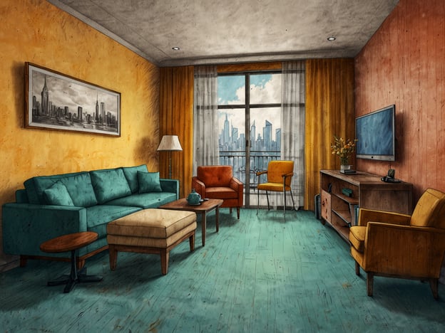 Auf dem Bild ist ein modernes Wohnzimmer zu sehen. Die Wände sind in warmen Farben gehalten, und es gibt große Fenster, die einen Blick auf eine Stadtsilhouette ermöglichen. Im Raum befindet sich eine türkisfarbene Couch, ein beiger Pouf, ein kleiner Tisch und ein Fernseher. Auch orangefarbene Sessel und eine Stehlampe sind vorhanden. Der Boden wirkt hell und einladend. Insgesamt strahlt der Raum eine gemütliche und zeitgenössische Atmosphäre aus.