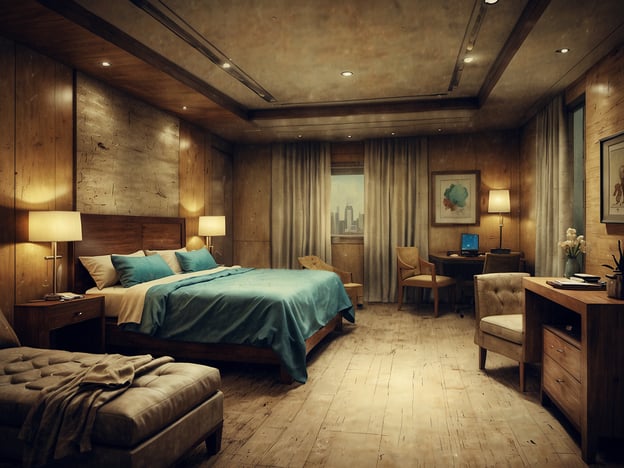 Auf dem Bild ist ein modernes Schlafzimmer zu sehen, das komfortabel und stilvoll eingerichtet ist. Es gibt ein großes Bett mit blauen Bettwaren, daneben stehen zwei Nachttische mit Leuchten. Der Raum hat eine gemütliche Atmosphäre, unterstützt durch Holzverkleidung und warmes Licht. Es gibt auch einen Arbeitsbereich mit einem Schreibtisch und einem Stuhl sowie eine Sitzecke mit einem bequemen Sessel und einer Fußstütze. Große Fenster lassen Tageslicht herein und bieten einen Blick auf eine Stadtlandschaft. Alles in allem zeigt das Bild eine moderne Unterkunft, die für verschiedene Bedürfnisse geeignet ist.