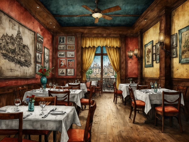 Auf dem Bild ist ein stilvolles Restaurant zu sehen, das in warmen Farben gestaltet ist. In einem kulinarischen Erlebnis im Dorint Hotel würde eine solche Umgebung einladend wirken, um köstliche Speisen zu genießen. Die Tische sind elegant gedeckt, mit einer schönen Blumenarrangement und schickem Besteck. Große Fenster ermöglichen einen Blick nach draußen, was eine angenehme Atmosphäre schafft, um die Zeit mit Freunden oder Familie zu verbringen. Das Ambiente lädt zu einem besonderen gastronomischen Erlebnis ein, das sowohl Genuss als auch Gemütlichkeit verspricht.