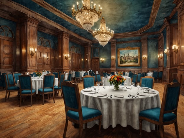 Auf dem Bild ist ein eleganter Veranstaltungsraum zu sehen, der sich perfekt für verschiedene Events eignet. Die Einrichtung ist stilvoll mit runden, weiß eingedeckten Tischen und blauen Stühlen, die eine angenehme Atmosphäre schaffen. Die Kristalllüster und die warmen Holzelemente verleihen dem Raum einen luxuriösen Touch. Dieses Ambiente ist ideal für Hochzeiten, Jubiläen, elegante Dinnerpartys oder geschäftliche Veranstaltungen. Die kunstvoll dekorierten Blumenarrangements sorgen zusätzlich für eine festliche Stimmung und machen den Raum attraktiv für jedes Event.
