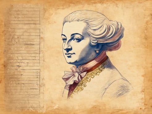 Das Bild zeigt ein Portrait einer historischen Persönlichkeit mit vollem, lockigem Haar, das zurückgesteckt ist. Die Person trägt eine elegante Kleidung mit einem prächtigen Kragen und einer großen Schleife. Auf der linken Seite des Bildes sind Linien vorhanden, die an eine Art Dokument oder Protokoll erinnern könnten, während der Hintergrund eine sanfte, strukturierte Papieroberfläche aufweist, die einen antiken Eindruck vermittelt.