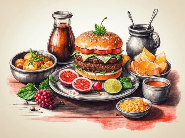 Auf dem Bild ist ein üppiger Burger mit einem Sesambrötchen, frischem Gemüse, einer saftigen Fleischscheibe und verschiedenen Beilagen zu sehen. Dazu gibt es eine Auswahl an Obst, darunter Limetten, Orangen, Rote Beeren und eine Art Salat oder Gemüse. Kleine Schalen enthalten möglicherweise Saucen oder weitere Beilagen wie Nüsse oder Pasta.In Dubrovnik kann man solche Gerichte in vielen Restaurants finden, die sowohl internationale als auch mediterrane Küche offerieren. Viele essen gerne frische Meeresfrüchte, gegrilltes Fleisch und genießen lokale Weine und Obstsäfte, die perfekt zu den warmen Temperaturen der Region passen.
