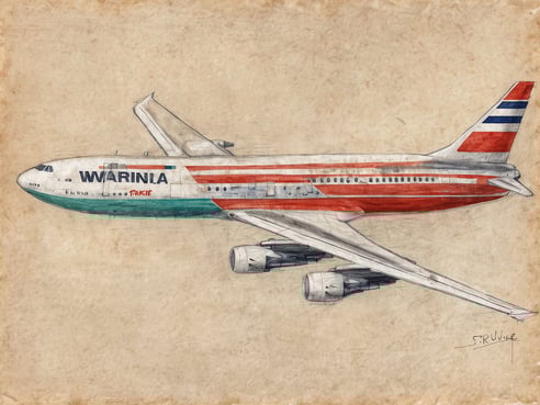 Eine künstlerische Darstellung eines Flugzeugs, das mit auffälligen rot-grünen Streifen und dem Schriftzug "Warinia" bemalt ist. Das Bild zeigt die linke Seite des Flugzeugs, das sich auf einem hellbraunen, strukturierten Hintergrund befindet. Der obere Teil des Flügels ist teilweise sichtbar, und die Anordnung der Triebwerke am Rumpf ist klar erkennbar.
