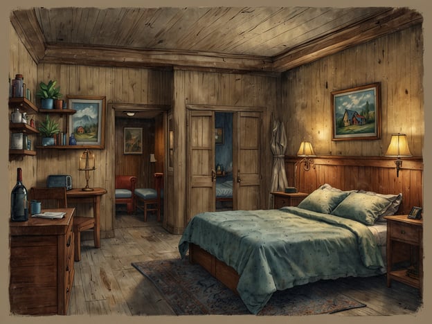Auf dem Bild ist ein gemütliches Zimmer zu sehen, das mit viel Holz ausgestattet ist. In der Mitte befindet sich ein Bett mit blauen Bettwaren. Auf der linken Seite steht ein Tisch mit einer Weinflasche und anderen kleinen Gegenständen. An den Wänden hängen Bilder von Landschaften, und es gibt ein paar Pflanzen und Lampen, die eine warme Atmosphäre schaffen. Der Raum strahlt Komfort aus und bietet eine angenehme Ausstattung für jeden Gast.