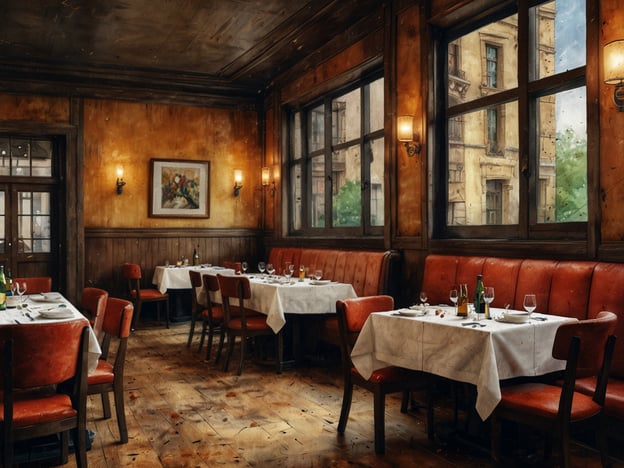 Auf dem Bild ist ein gemütliches Restaurant zu sehen, das eine warme und einladende Atmosphäre ausstrahlt. Die stilvolle Einrichtung mit roten Bänken und eleganten Tischdecken lässt an kulinarische Erlebnisse im Hotel denken. Die großen Fenster bieten einen Blick nach draußen und schaffen eine helle Umgebung. Man kann sich vorstellen, wie Gäste hier exquisite Speisen und erlesene Weine genießen, begleitet von einem aufmerksamen Service. Die kunstvolle Wandgestaltung und die sanfte Beleuchtung verleihen dem Raum zudem einen Hauch von Eleganz und Raffinesse, ideal für besondere Anlässe oder romantische Abendessen.