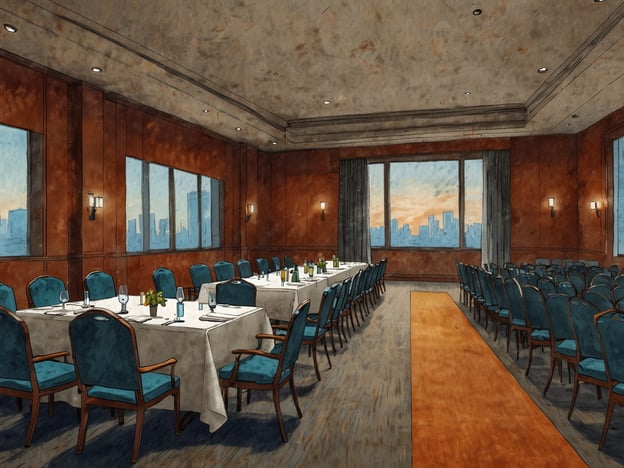Auf dem Bild ist ein eleganter Veranstaltungsraum oder eine Tagungsstätte zu sehen. Der Raum ist mit einem langen Tisch ausgestattet, der für ein Dinner oder eine Konferenz vorbereitet ist, mit Geschirr und Gläsern. Es gibt auch Stühle in einem stilvollen Design, die den Gästen Komfort bieten. Die Wände sind in einem warmen Holzton gehalten, und große Fenster ermöglichen einen Blick auf die Stadtlandschaft, die im Abendlicht erstrahlt. Der Boden ist mit einem Teppich in Orange akzentuiert, was dem Raum eine einladende Atmosphäre verleiht.