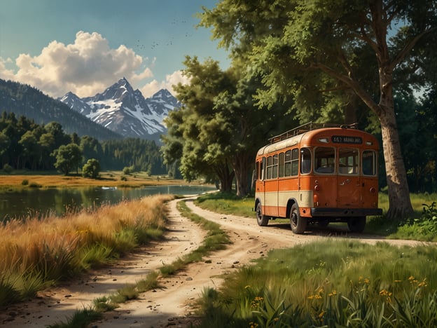 Auf dem Bild ist ein alter, orangefarbener Bus zu sehen, der an einem malerischen Weg neben einem Fluss und umgeben von Bergen steht. Diese idyllische Landschaft bietet zahlreiche Freizeitmöglichkeiten für Gäste:1. **Wandern**: Die umliegenden Berge laden zu Wanderungen ein, bei denen man die Natur genießen kann.2. **Fahrradfahren**: Die Wege sind auch ideal für Fahrradtouren, um die Landschaft aus einer anderen Perspektive zu erkunden.3. **Angeln**: Der Fluss bietet möglicherweise Gelegenheiten zum Angeln, was für viele eine entspannende Aktivität darstellt.4. **Picknicken**: Es gibt viele schöne Plätze, um ein Picknick im Freien zu genießen.5. **Fotografieren**: Die beeindruckenden Aussichten eignen sich hervorragend für fotografische Erkundungen.6. **Vogelbeobachtung**: In der natürlichen Umgebung kann man verschiedene Vogelarten beobachten.Diese Aktivitäten machen die Gegend zu einem perfekten Ort für Naturliebhaber und Erholungssuchende.