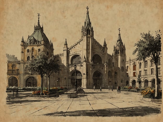Auf dem Bild ist eine Architektur aus einer zentralen Lage zu sehen, die durch ihre beeindruckenden Türme und die detaillierte Fassade auffällt. Die Umgebung ist von Bäumen und Blumenbeeten geprägt, was den Platz einladend macht. Die Erreichbarkeit scheint gegeben, da sich mehrere Personen im Bild bewegen, was auf einen lebhaften Ort hinweist. Die Gestaltung des Platzes und der Gebäude lässt vermuten, dass dieser Ort sowohl historisch als auch kulturell bedeutend ist.