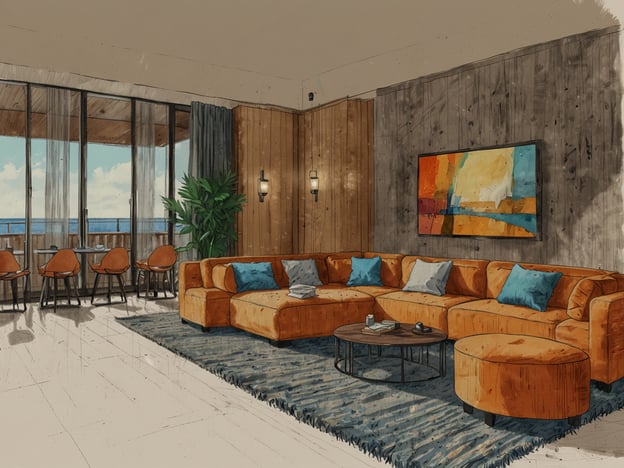 Auf dem Bild ist eine moderne und komfortable Wohnumgebung zu sehen. Der Raum verfügt über ein einladendes, oranges Sofa mit blauen Kissen und ein gemütliches runden Tisch. Eine große Fensterfront lässt viel Licht herein und bietet einen Blick auf das Meer, was dem Raum eine entspannte Atmosphäre verleiht. Im Hintergrund stehen schicke Holzregale sowie eine Pflanze, die dem Raum etwas Grünes und Lebendiges verleiht. Der Boden ist hell und glänzend, und ein weicher Teppich sorgt für zusätzliche Gemütlichkeit.