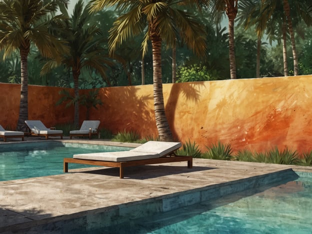 Auf dem Bild ist eine entspannende Poollandschaft zu sehen, die ideal für Wellness im Hotel ist. Die hellen Liegen laden dazu ein, sich zu entspannen und die Ruhe zu genießen. Umgeben von grünen Palmen und einer warmen, stimmungsvollen Mauer vermittelt die Szenerie ein Gefühl von Urlaubsidylle und Erholung. Der glitzernde Pool lädt dazu ein, einen erfrischenden Sprung ins Wasser zu wagen, während die sanfte Natur für eine beruhigende Atmosphäre sorgt. Diese Umgebung ist perfekt, um Körper und Geist zu regenerieren und Entspannung in vollen Zügen zu genießen.