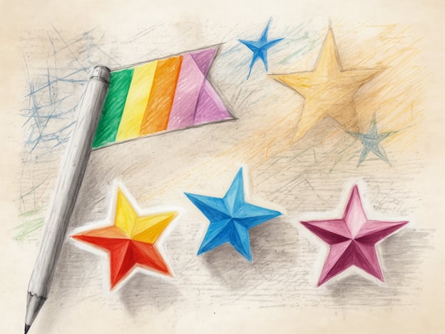 Auf dem Bild sind mehrere bunte Sterne und eine Fahne mit Regenbogenfarben zu sehen. Die Sterne in verschiedenen Farben wie Rot, Blau, pink und Gelb sind plastisch dargestellt und heben sich farblich vom hellen Hintergrund ab. Neben den Sternen liegt ein Bleistift, der anzeigt, dass es sich um eine kreative oder künstlerische Darstellung handelt. Der gesamte Eindruck des Bildes vermittelt eine fröhliche und einladende Atmosphäre.