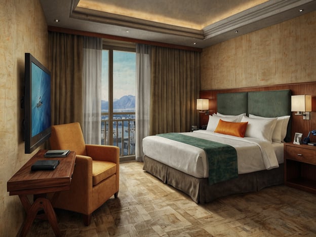Auf dem Bild ist ein modernes Hotelzimmer zu sehen. Es ist stilvoll eingerichtet und bietet eine gemütliche Atmosphäre für verschiedene Ansprüche.1. **Standardzimmer**: Das Zimmer verfügt über ein großes Bett mit bequemen Kissen, eine Sitzecke mit einem orangefarbenen Sessel und einen kleinen Schreibtisch.2. **Luxuszimmer**: Durch die großen Fenster hat man einen schönen Ausblick, der für einen luxuriösen Aufenthalt sorgt. Die Einrichtung ist elegant und modern.3. **Familienzimmer**: Mit ausreichend Platz und zusätzlichen Möbelstücken könnte dieses Zimmer auch für Familien angepasst werden, ideal für gemeinsame Reisen.4. **Businesszimmer**: Der Schreibtisch und der Fernseher könnten für Geschäftsreisende nützlich sein, die auch im Urlaub nicht auf berufliche Dinge verzichten wollen.5. **Romantisches Zimmer**: Durch die Lichtverhältnisse und die Farbwahl eignet sich das Zimmer auch gut für Paare, die einen romantischen Aufenthalt planen.Insgesamt bietet das Zimmer eine Vielzahl von Optionen für unterschiedliche Bedürfnisse und Anlässe.