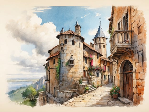 Auf dem Bild ist eine malerische Altstadtansicht zu sehen, die an die historische Architektur von Edinburgh erinnert. Die gepflasterten Straßen und die charakteristischen steinernen Gebäude könnten leicht aus einer Zeit stammen, in der Edinburgh von mittelalterlicher Baukunst geprägt war.Die Stadt hat eine reiche Geschichte, die bis ins 7. Jahrhundert zurückreicht, als sie als Handelszentrum begann. Die charakteristischen Turmspitzen und die schmalen Gassen reflektieren den einzigartigen Charme der schottischen Hauptstadt, wo Geschichte und modernes Leben harmonisch miteinander verbunden sind. Die bunten Blumen und der gepflegte Zustand der Fassaden verleihen diesem Szenario eine einladende Atmosphäre, typisch für die historische Altstadt von Edinburgh, die heute UNESCO-Weltkulturerbe ist.
