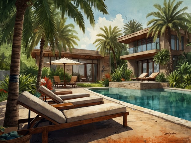 Auf dem Bild ist eine entspannte, tropische Oase zu sehen, die von üppigen Palmen und grünen Pflanzen umgeben ist. Ein einladender Pool spiegelt die Sonne wider, während bequeme Liegen zum Entspannen einladen. Diese Szenerie vermittelt ein Gefühl von Ruhe und Wellness, ideal für eine Auszeit vom hektischen Alltag. In Köln findest du ähnliche Orte, die Entspannung und Wellness in einem urbanen Umfeld bieten – perfekte Rückzugsorte, um die Seele baumeln zu lassen.