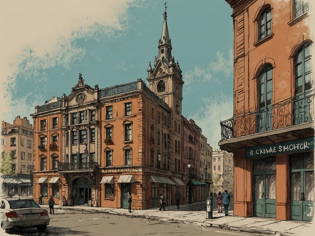 Auf dem Bild ist eine malerische Straßenszene mit einem beeindruckenden Gebäude zu sehen, das eine historische Architektur aufweist. An der Fassade sind symmetrische Fenster und dekorative Elemente erkennbar, die das Gebäude elegant wirken lassen. Eine Kirche mit markantem Turm ist ebenfalls sichtbar, was der Szene eine kulturelle Note verleiht.Für Stadtentdecker und Geschäftsreisende scheint diese Lage ideal zu sein, da sie nicht nur eine attraktive Umgebung bietet, sondern auch Zugang zu nahegelegenen Cafés und Geschäften. Die charmante Atmosphäre der Umgebung lädt dazu ein, die Stadt zu Fuß zu erkunden und die lokale Kultur zu erleben. Außerdem könnte die Nähe zu wichtigen Gebäuden und Einrichtungen für Geschäftsreisende von Vorteil sein, um Meetings bequem wahrnehmen zu können.