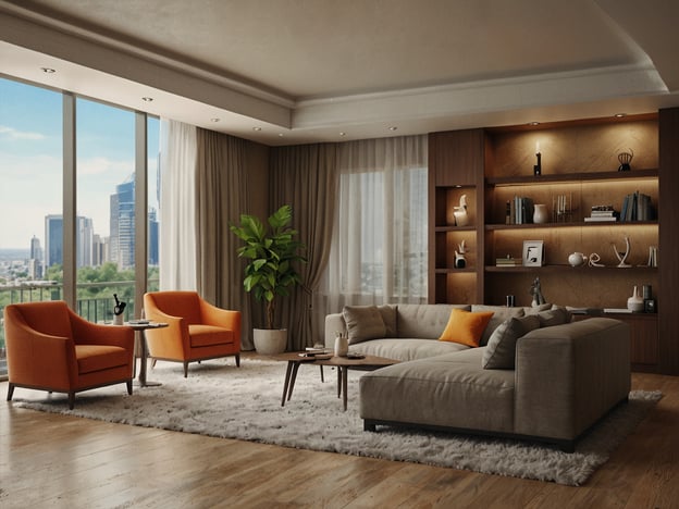 Auf dem Bild ist ein stilvolles, modernes Wohnzimmer zu sehen, das für einen angenehmen Aufenthalt eingerichtet ist. Der Raum verfügt über große Fenster mit Blick auf eine städtische Landschaft, die viel natürliches Licht hereinlassen.Die Einrichtung umfasst einen hellen, bequemen Sofa mit Kissen, einem Couchtisch aus Holz und zwei auffälligen, orangefarbenen Sesseln, die einen schönen Kontrast zum neutralen Farbton des Sofas bieten. Ein weicher Teppich sorgt für Gemütlichkeit.Zusätzlich gibt es eine schöne Pflanze im Raum, die für Frische sorgt, sowie ein Regal mit dekorativen Elementen und Büchern, was dem Raum eine persönliche Note verleiht. Die insgesamt moderne Ausstattung schafft eine einladende Atmosphäre.