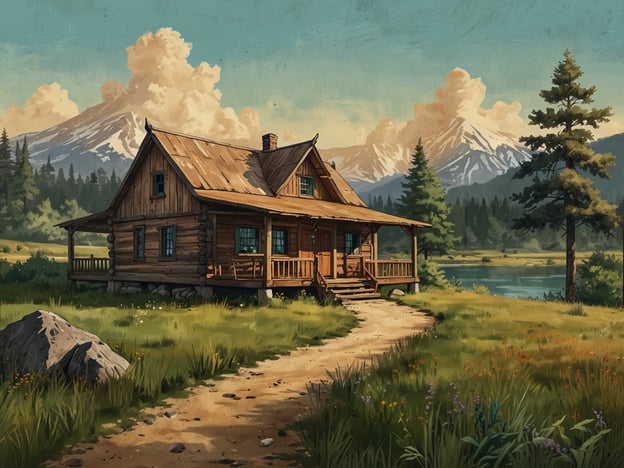 Auf dem Bild ist eine gemütliche Holzhütte inmitten einer malerischen Landschaft zu sehen. Umgeben von grünen Wiesen und hohen Bäumen, bieten die majestätischen Berge im Hintergrund eine atemberaubende Kulisse. Der ruhige See, der sich in der Nähe erstreckt, lädt zu Entspannung und Erholung ein. Diese Szene ist ideal für Erholung und Entdeckung, da sie die perfekte Kombination aus Natur, Ruhe und der Möglichkeit, die Schönheit der Umgebung zu erkunden, bietet.
