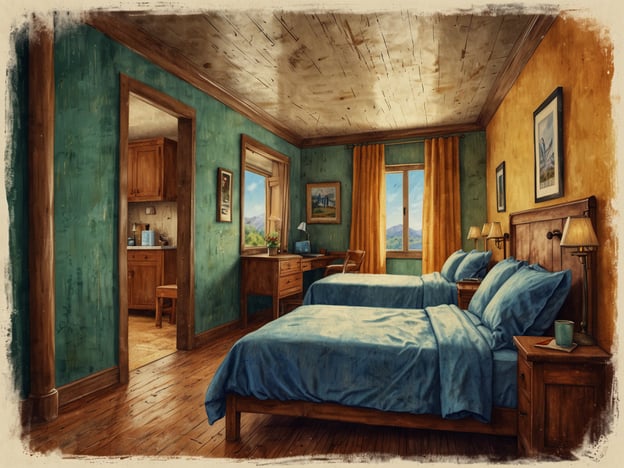 Auf dem Bild ist ein helles, einladendes Zimmer mit zwei Einzelbetten zu sehen. Die Wände sind in sanften Farben gestrichen, und große Fenster lassen viel Tageslicht herein. Neben den Betten stehen Nachttische mit Lampen, und das Zimmer ist mit angenehmen Textilien ausgestattet, die einen Komfort für die Gäste bieten.

In einer Ecke des Zimmers ist ein kleiner Arbeitsbereich mit einem Tisch und einem Stuhl, was praktische Funktionalität bietet. Der angrenzende Raum scheint eine kleine Küchenzeile zu beherbergen, was die Vielfalt der Unterkunft unterstreicht, da sie sowohl für kurze als auch für längere Aufenthalte geeignet ist. Die Kombination aus Wohnlichkeit, einem freundlichen Farbkonzept und den Annehmlichkeiten schafft eine gemütliche Atmosphäre, die Gäste anspricht.