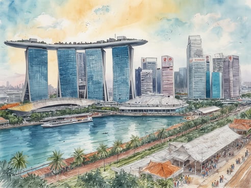 Eine malerische Darstellung der Skyline von Singapur mit dem ikonischen Marina Bay Sands im Vordergrund. Das Gebäude hat eine einzigartige Architektur mit einem langen, flachen Dach, das von drei hohen Türmen getragen wird. Umgeben von modernen Wolkenkratzern spiegelt sich der ruhige Wasserlauf in der Bucht wider. Im Vordergrund sind Palmen und eine belebte Promenade zu sehen, während im Hintergrund zahlreiche Schiffe auf dem Wasser fahren. Der Himmel ist in sanften Blau- und Gelbtönen getönt.
