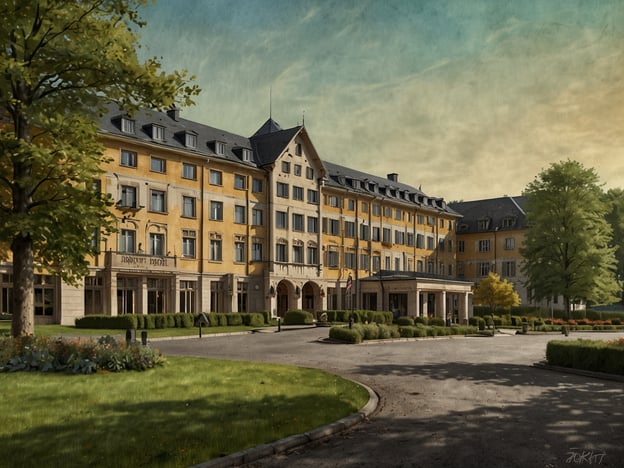 Auf dem Bild ist ein Gebäude zu sehen, das das Dorint Parkhotel in Siegen darstellen könnte. Es ist ein großes, gelbes Hotel mit mehreren Etagen, einem Haupteingang und schön angelegten Gärten sowie Büschen und Bäumen um das Hotel herum. Im Vordergrund sieht man eine gepflasterte Zufahrt, die zum Eingang des Hotels führt. Die Architektur wirkt einladend und gepflegt, passend zur Umgebung eines Parkhotels.