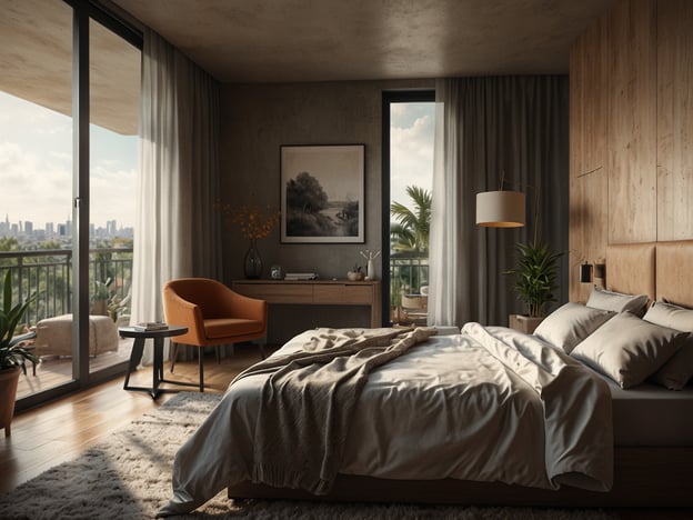Auf dem Bild ist ein modernes Schlafzimmer zu sehen. Das Zimmer verfügt über ein großes Bett mit weichen Bettwaren und mehreren Kissen, die für Komfort sorgen. Neben dem Bett befindet sich eine schlichte Nachttischlampe.Eine gemütliche, orangefarbene Sessel und ein kleiner Tisch laden zum Entspannen ein. Der Schreibtisch ist mit dekorativen Elementen und einer kleinen Vase mit Blumen geschmückt. Große Fenster bieten nicht nur viel Tageslicht, sondern auch einen Blick auf die Außenlandschaft, einschließlich Pflanzen und einer unmittelbaren Terrassenfläche.Die neutralen Farben und natürlichen Materialien, wie Holz und Textilien, schaffen eine einladende und ruhige Atmosphäre. Die Pflanzen im Raum tragen ebenfalls zur Frische und Lebendigkeit bei.